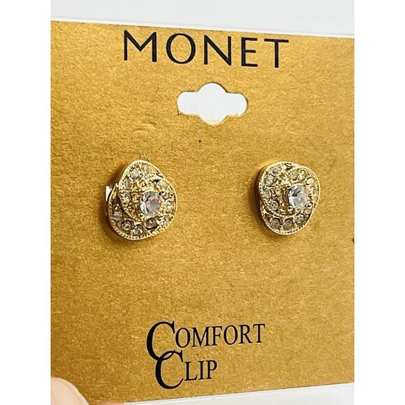 Vintage New on Card Monet Clip On Earrings Gold Tone Swirl Rhinestone JCP Huggie - Picture 4 of 15